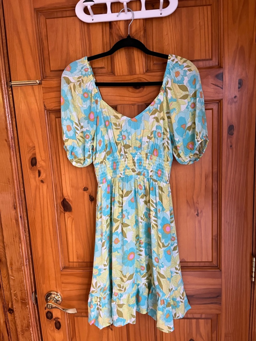 Billabong Aqua Floral Puff-Sleeve Mini Dress